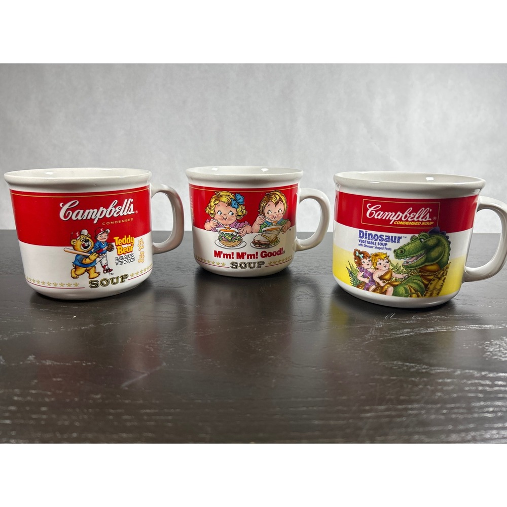 Vintage Campbells Soup Mugs Set of 3 Teddy Bear Dinosaur Campbell Kids 1989 1990